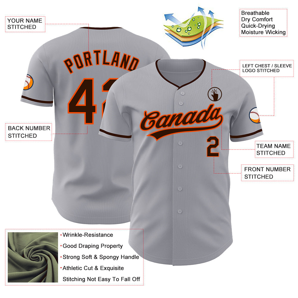 Custom Gray Brown-Orange Authentic Baseball Jersey baseball jersey product view 3