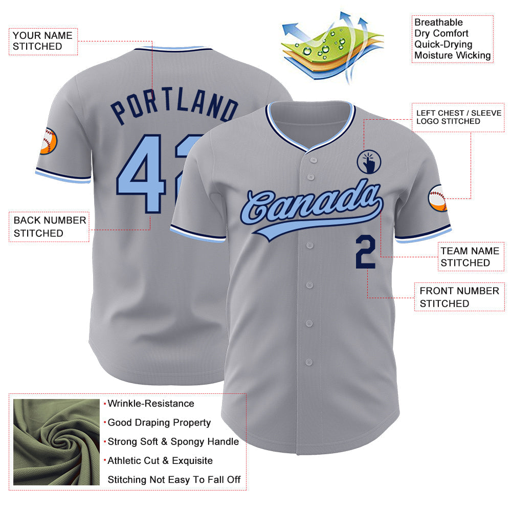Custom Gray Light Blue Navy-White Authentic Baseball Jersey baseball jersey product view 3