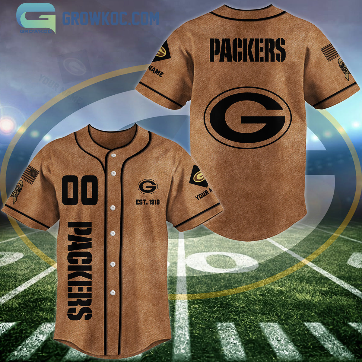 Green Bay Packers Brown American Flag Personalized Baseball Jersey baseball jersey product view 1
