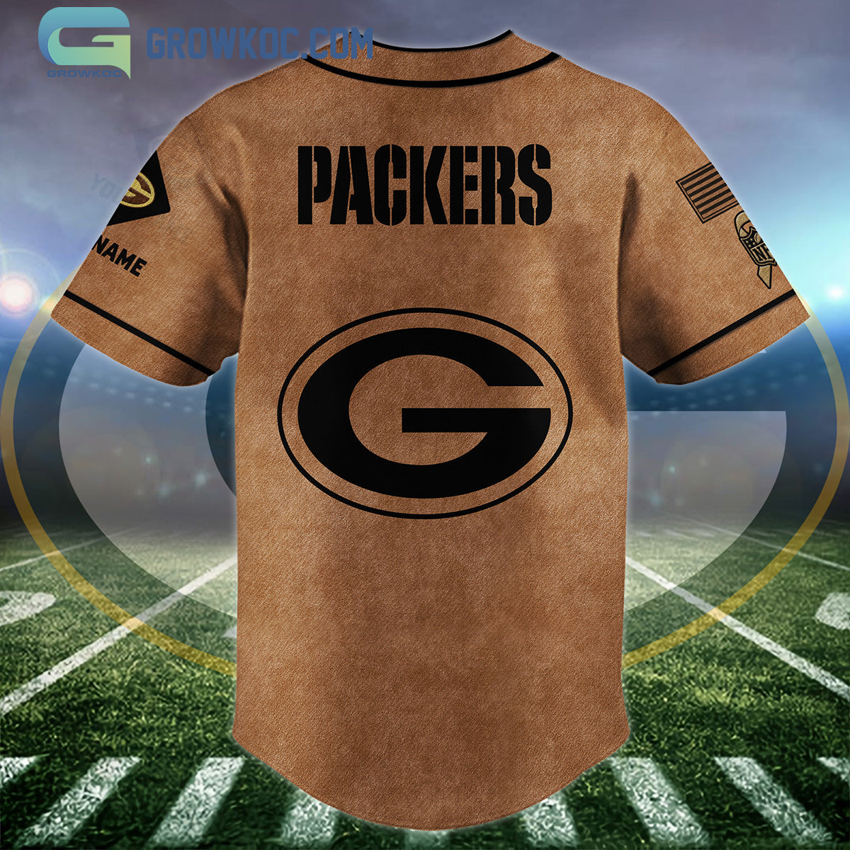 Green Bay Packers Brown American Flag Personalized Baseball Jersey baseball jersey product view 2