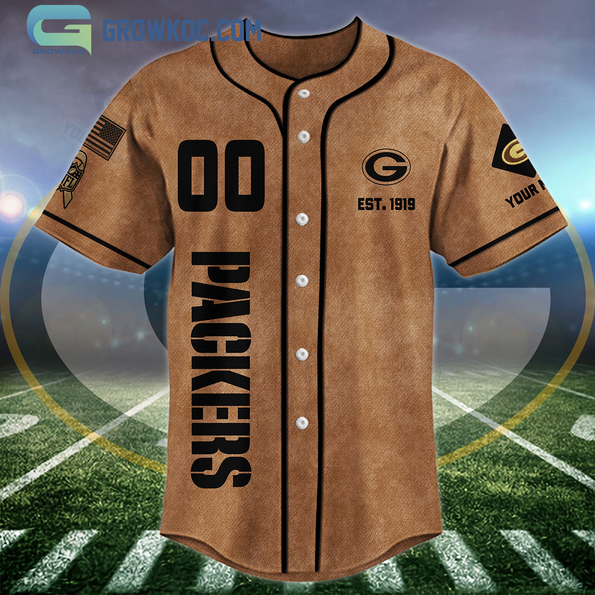 Green Bay Packers Brown American Flag Personalized Baseball Jersey baseball jersey product view 3