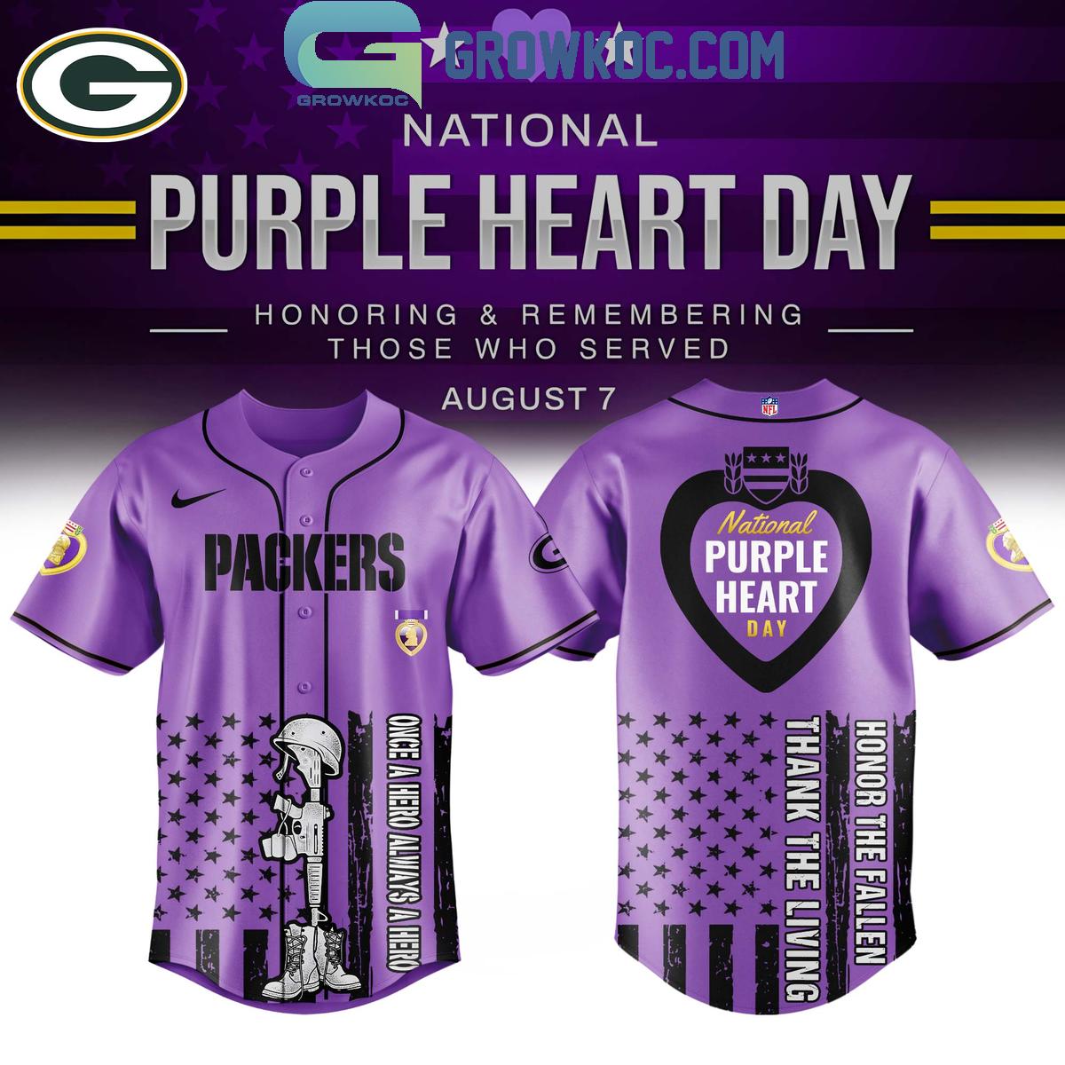Green Bay Packers Purple Heart Day 2025 Baseball Jersey baseball jersey product view 1