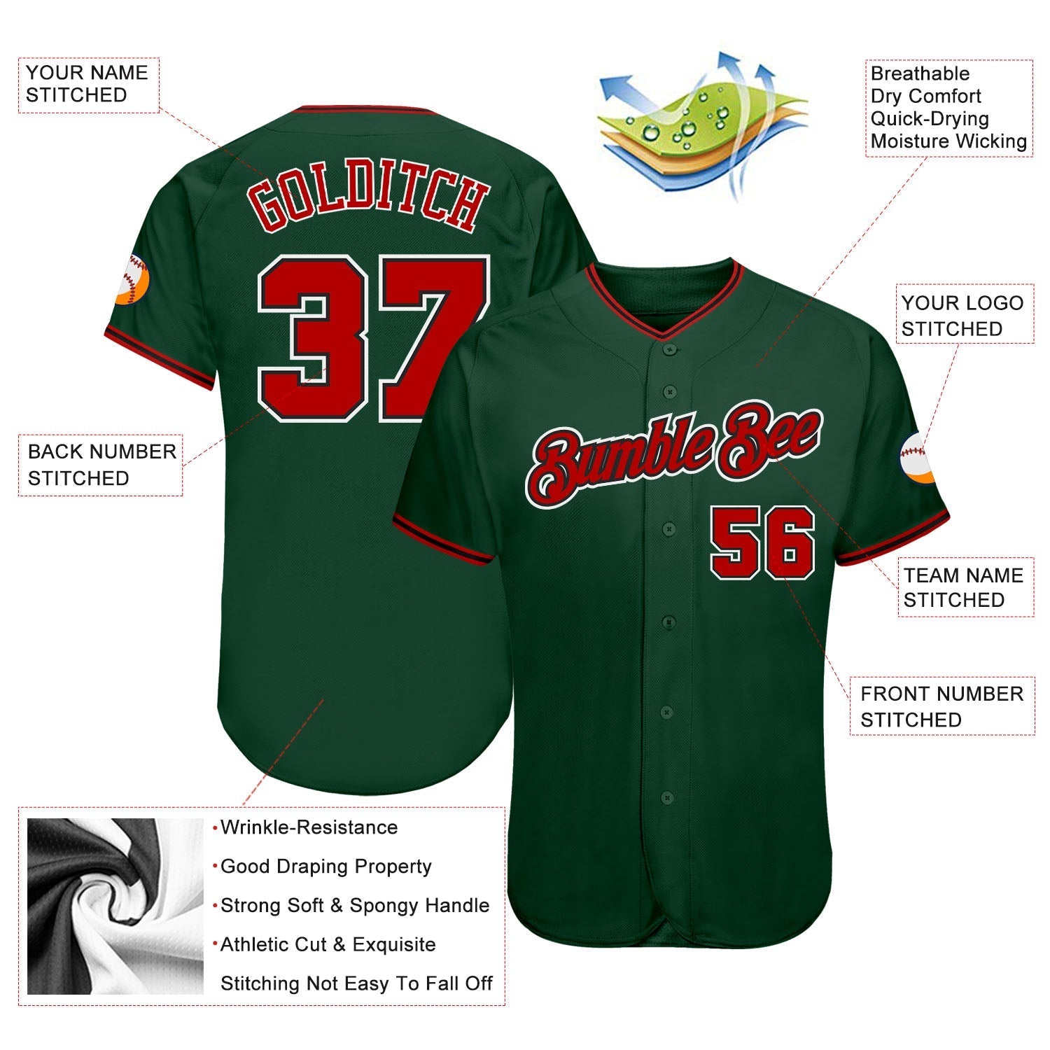 Custom Green Red-Black Authentic Baseball Jersey baseball jersey product view 3