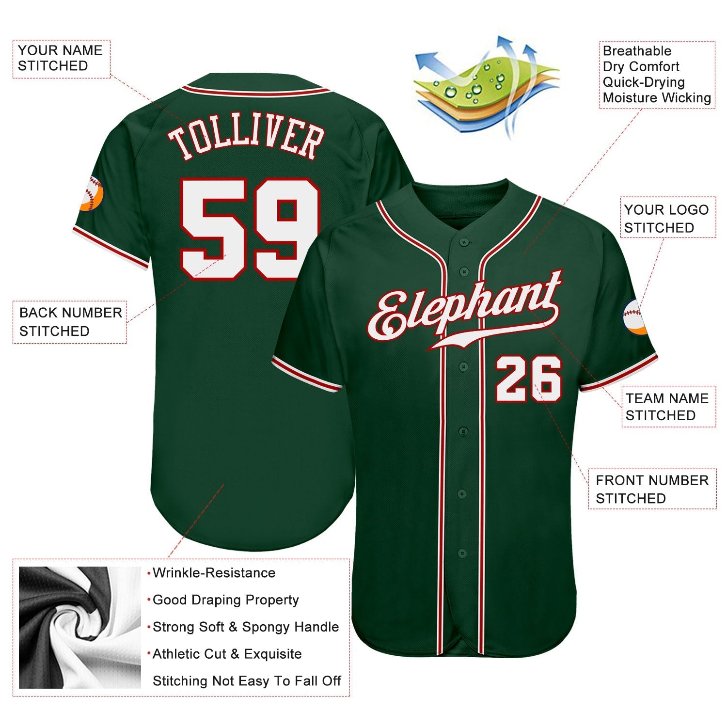 Custom Green White-Red Authentic Baseball Jersey baseball jersey product view 3