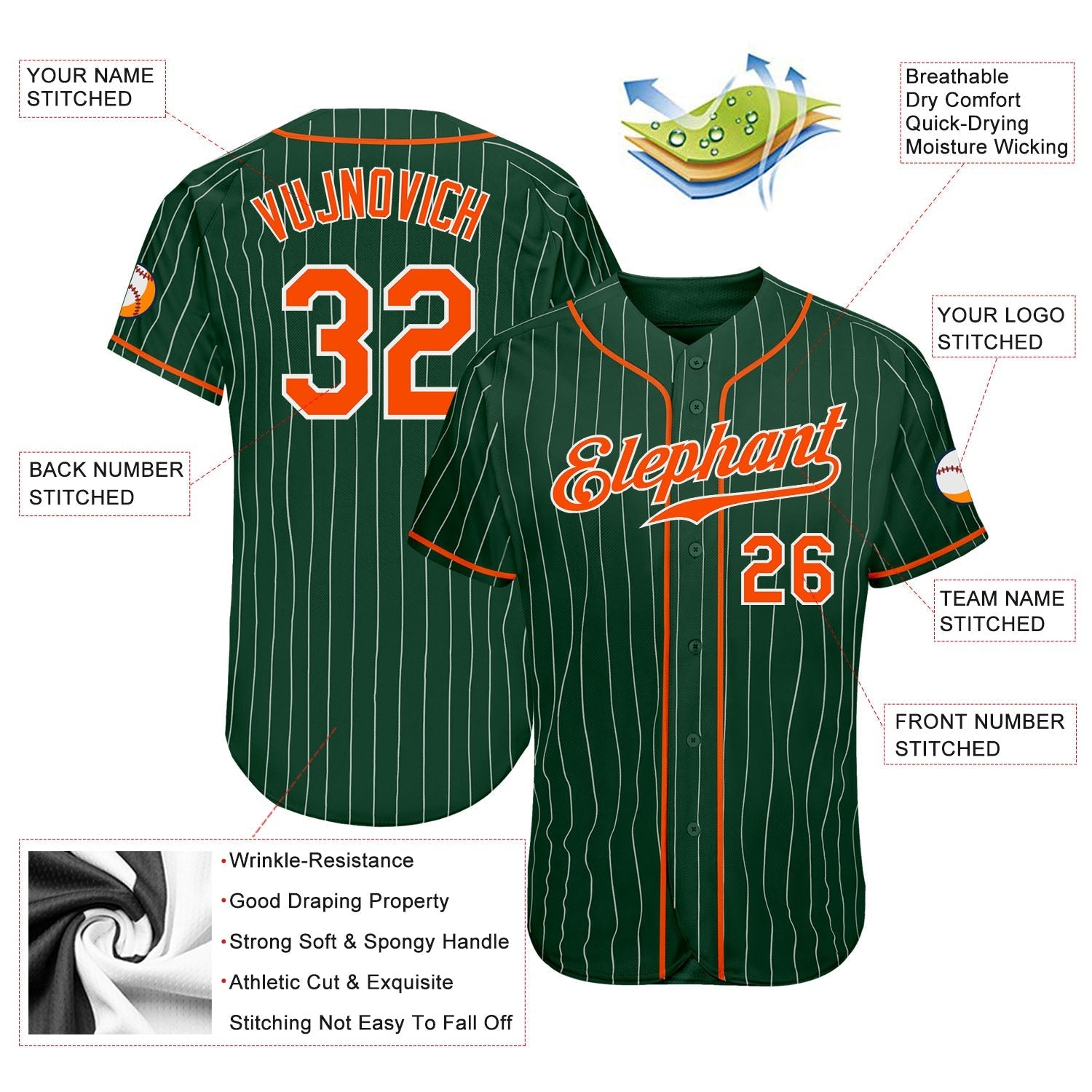 Custom Green White Pinstripe Orange-White Authentic Baseball Jersey baseball jersey product view 3