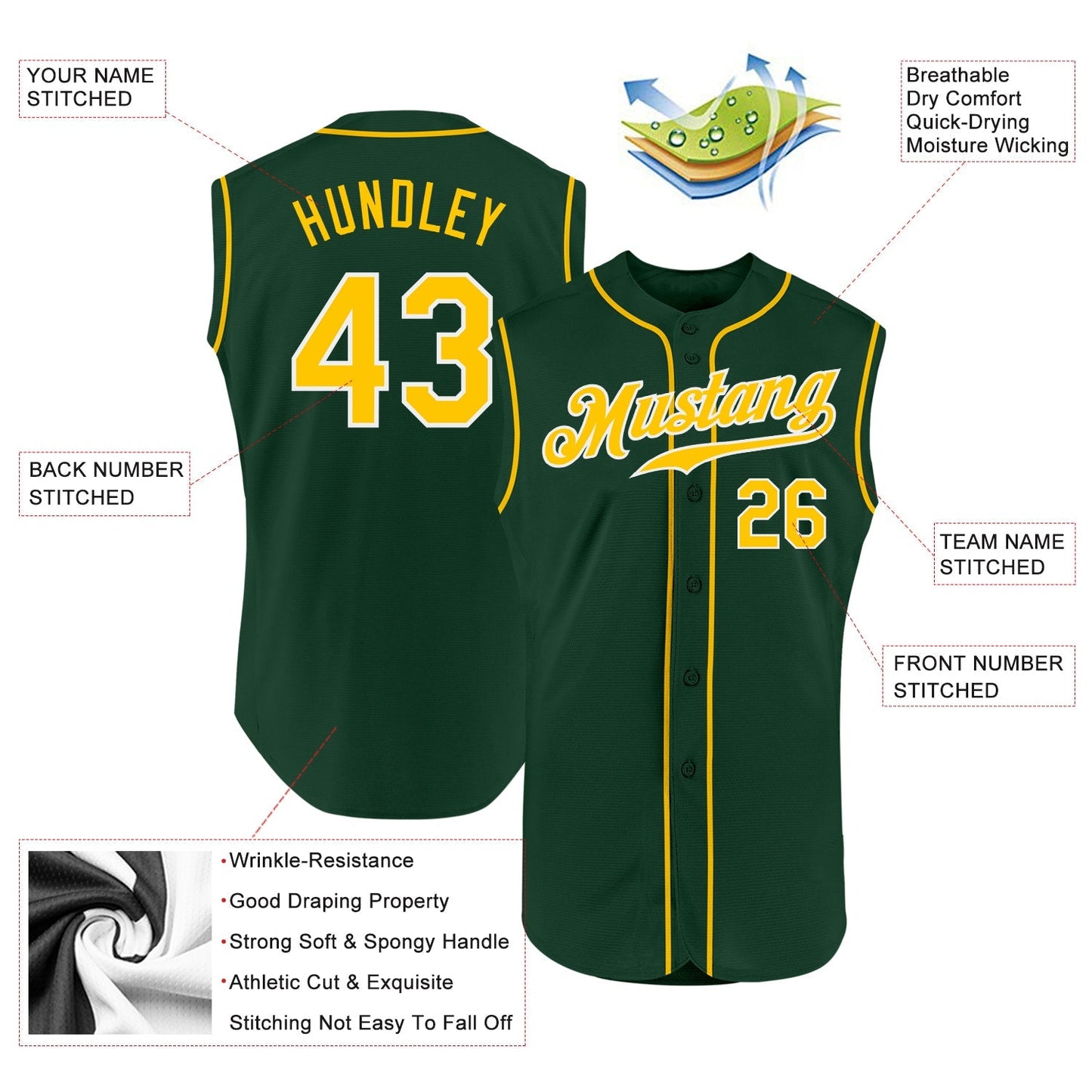 Custom Green Gold-White Authentic Sleeveless Baseball Jersey baseball jersey product view 2