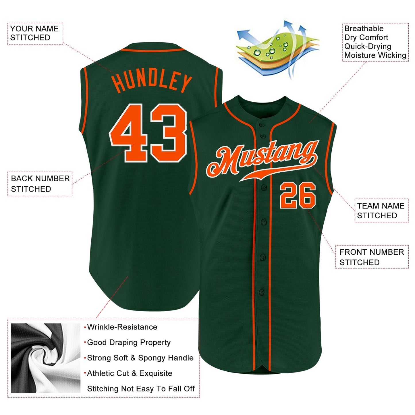 Custom Green Orange-White Authentic Sleeveless Baseball Jersey baseball jersey product view 2