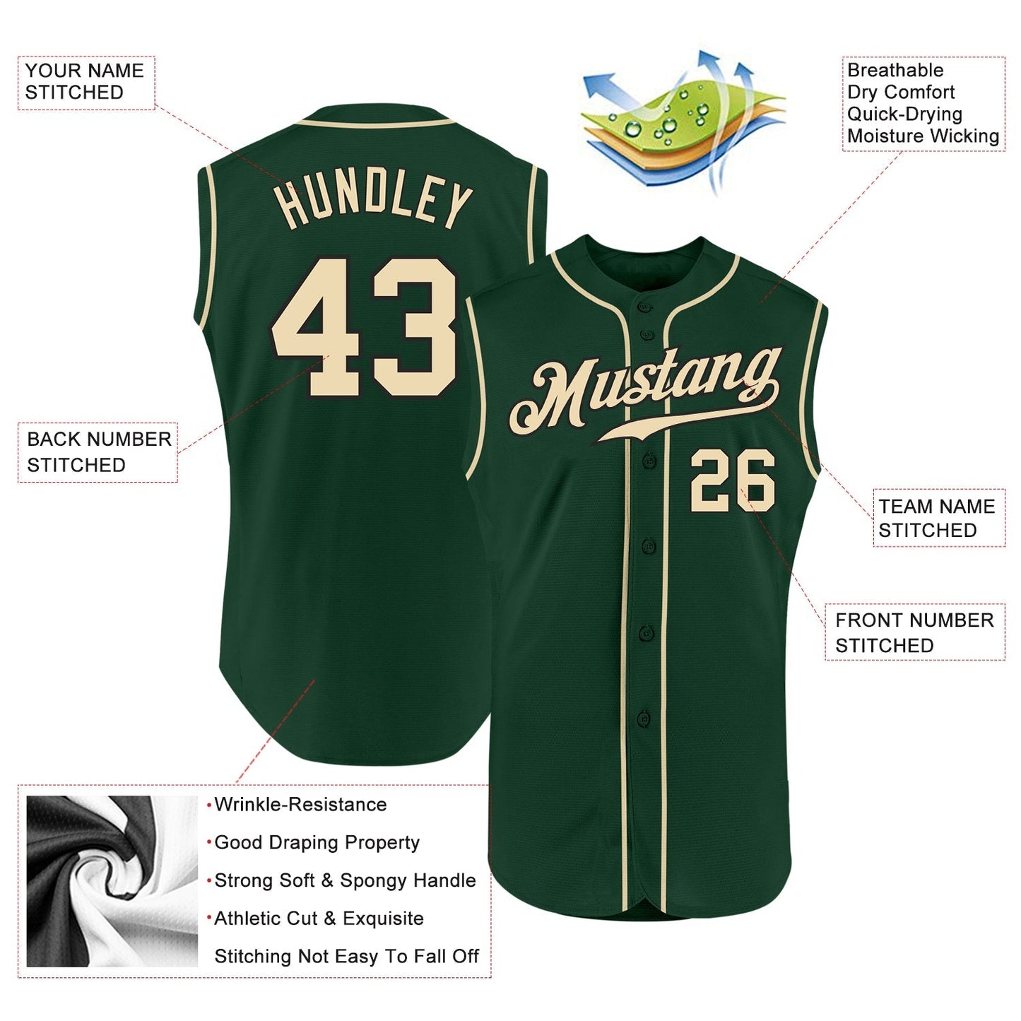 Custom Green Cream-Black Authentic Sleeveless Baseball Jersey baseball jersey product view 2