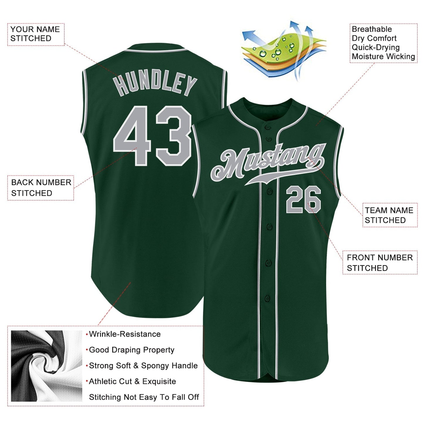 Custom Green Gray-White Authentic Sleeveless Baseball Jersey baseball jersey product view 2