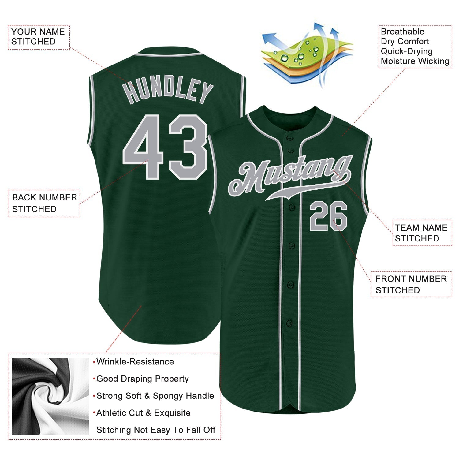 Custom Green Gray-White Authentic Sleeveless Baseball Jersey baseball jersey product view 2