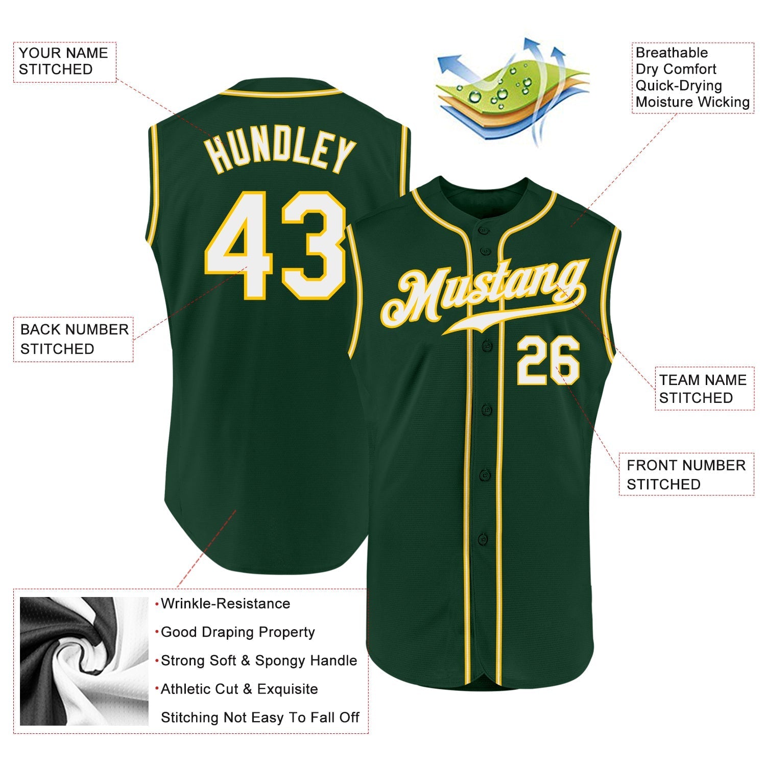 Custom Green White-Gold Authentic Sleeveless Baseball Jersey baseball jersey product view 2