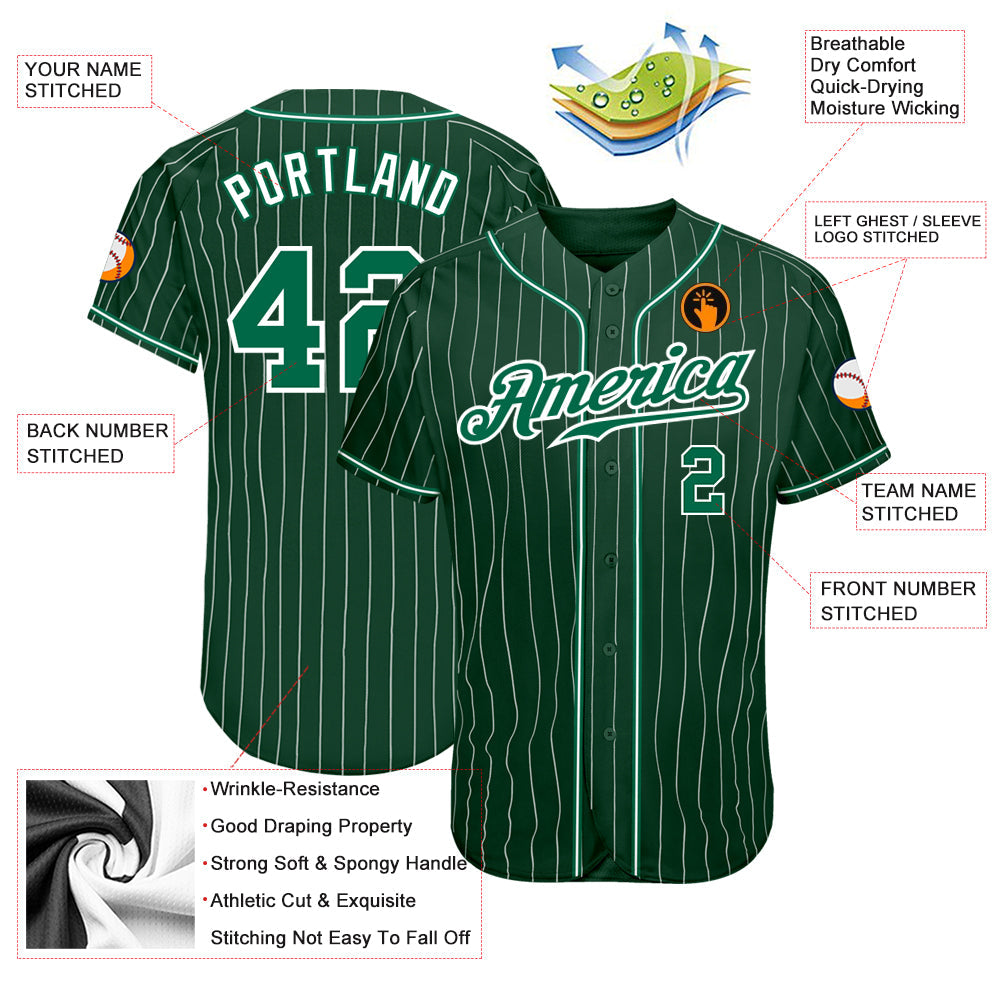 Custom Green White Pinstripe Kelly Green-White Authentic Baseball Jersey baseball jersey product view 3