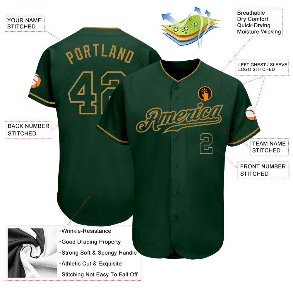 Custom Green Green-Old Gold Authentic Baseball Jersey baseball jersey product view 3