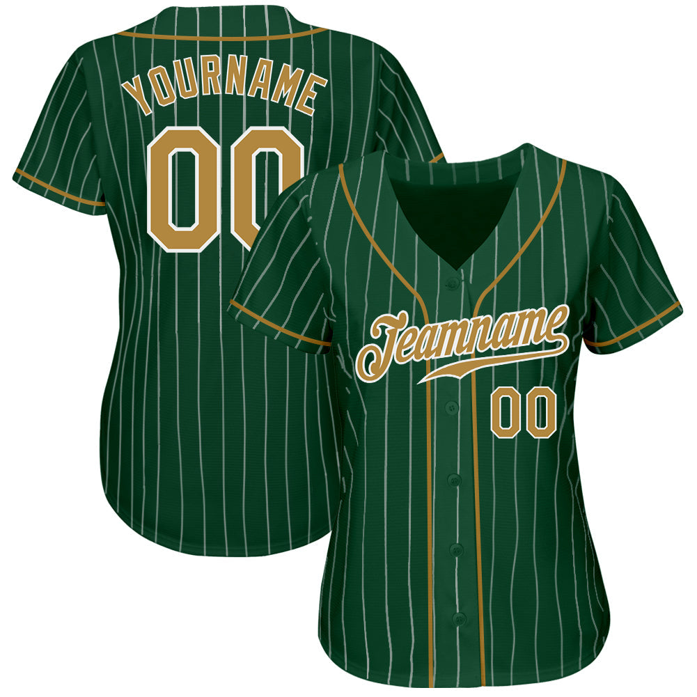 Custom Green White Pinstripe Old Gold-White Authentic Baseball Jersey baseball jersey product view 2