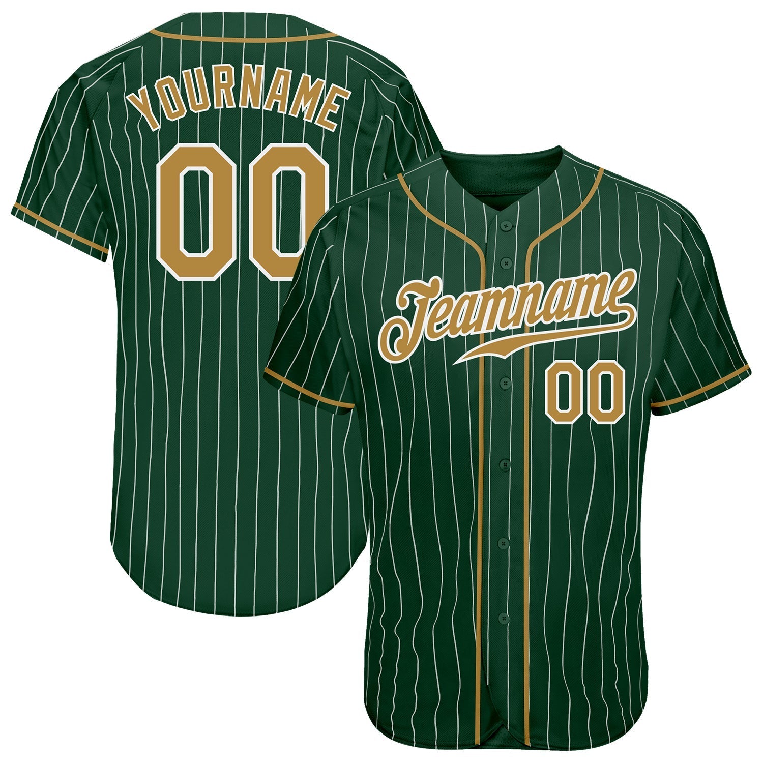 Custom Green White Pinstripe Old Gold-White Authentic Baseball Jersey baseball jersey product view 1