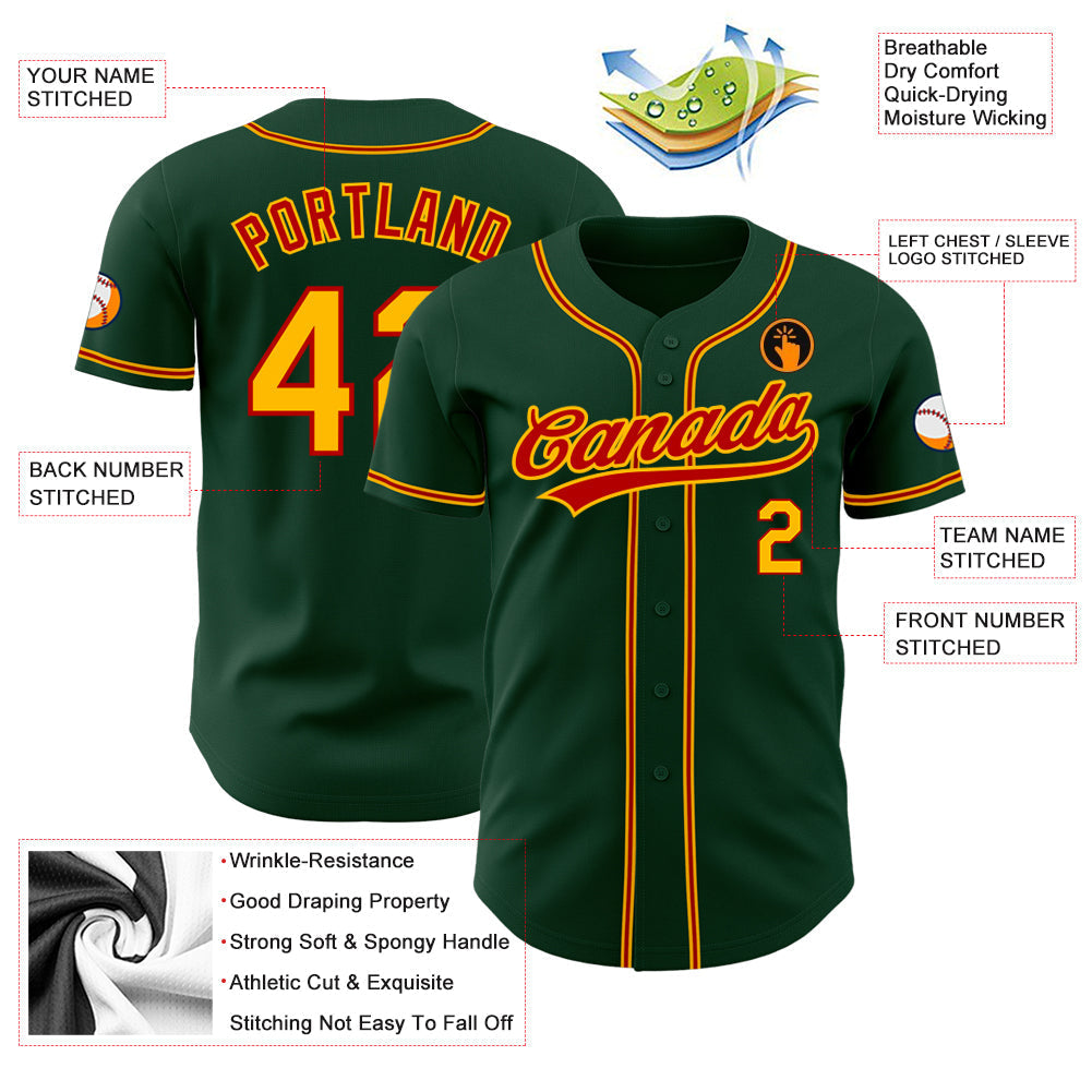 Custom Green Gold-Red Authentic Baseball Jersey baseball jersey product view 3