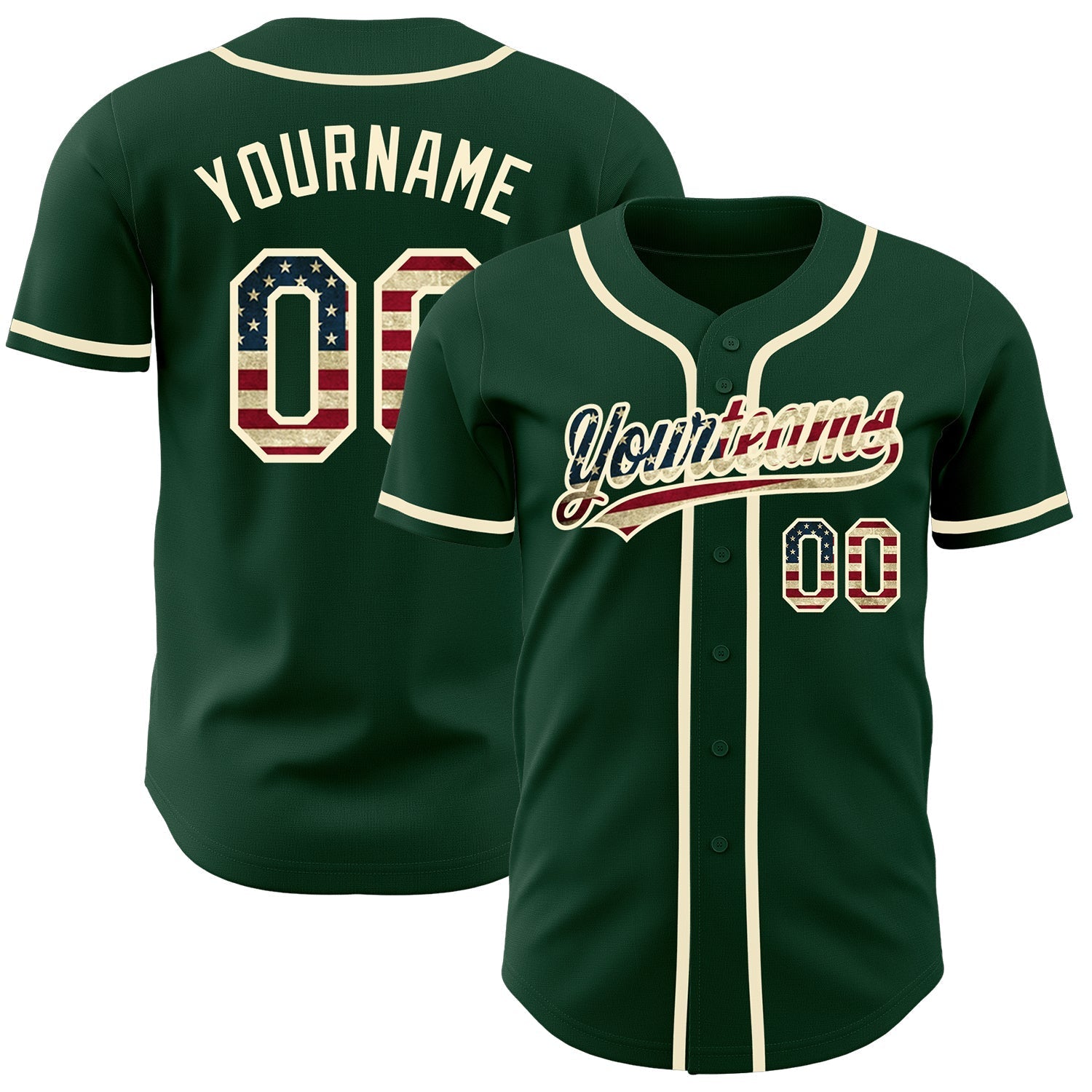 Custom Green Vintage USA Flag-Cream Authentic Baseball Jersey baseball jersey product view 1