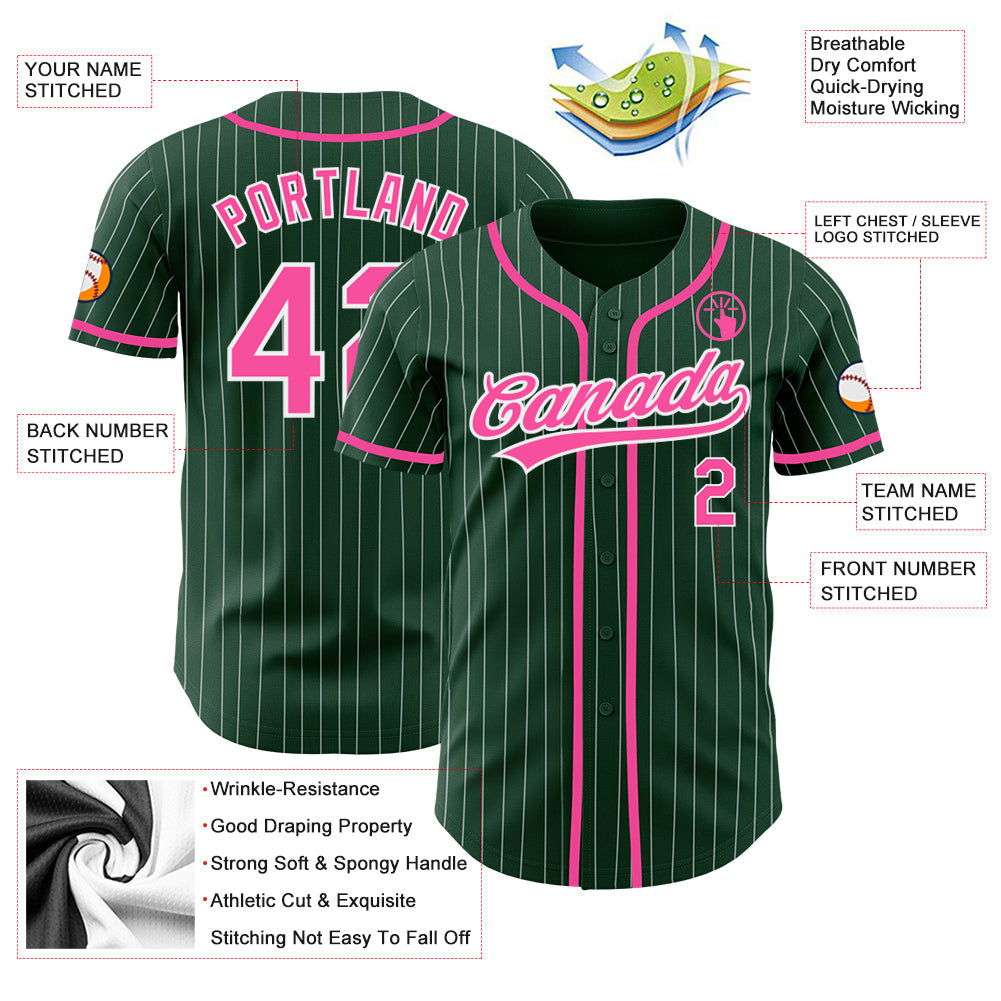 Custom Green White Pinstripe Pink Authentic Baseball Jersey baseball jersey product view 3