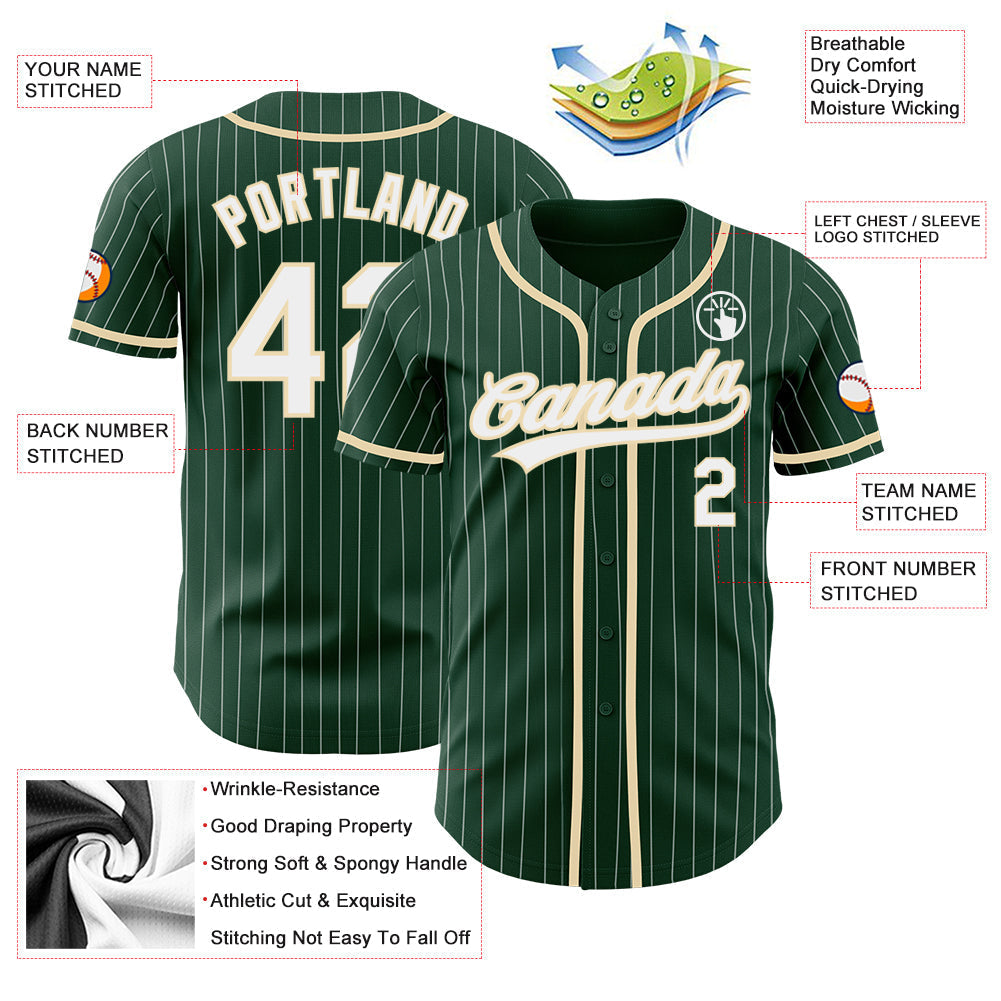 Custom Green White Pinstripe City Cream Authentic Baseball Jersey baseball jersey product view 3