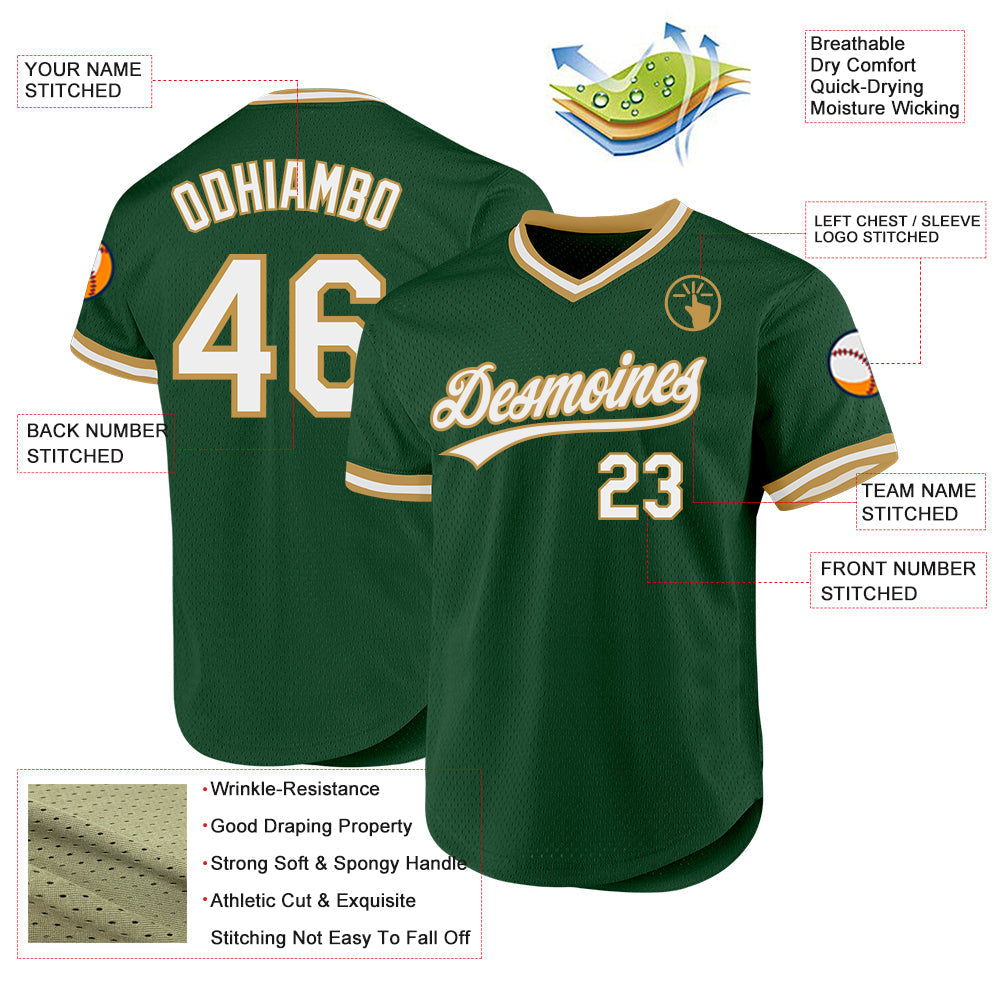 Custom Green White-Old Gold Authentic Throwback Baseball Jersey baseball jersey product view 3