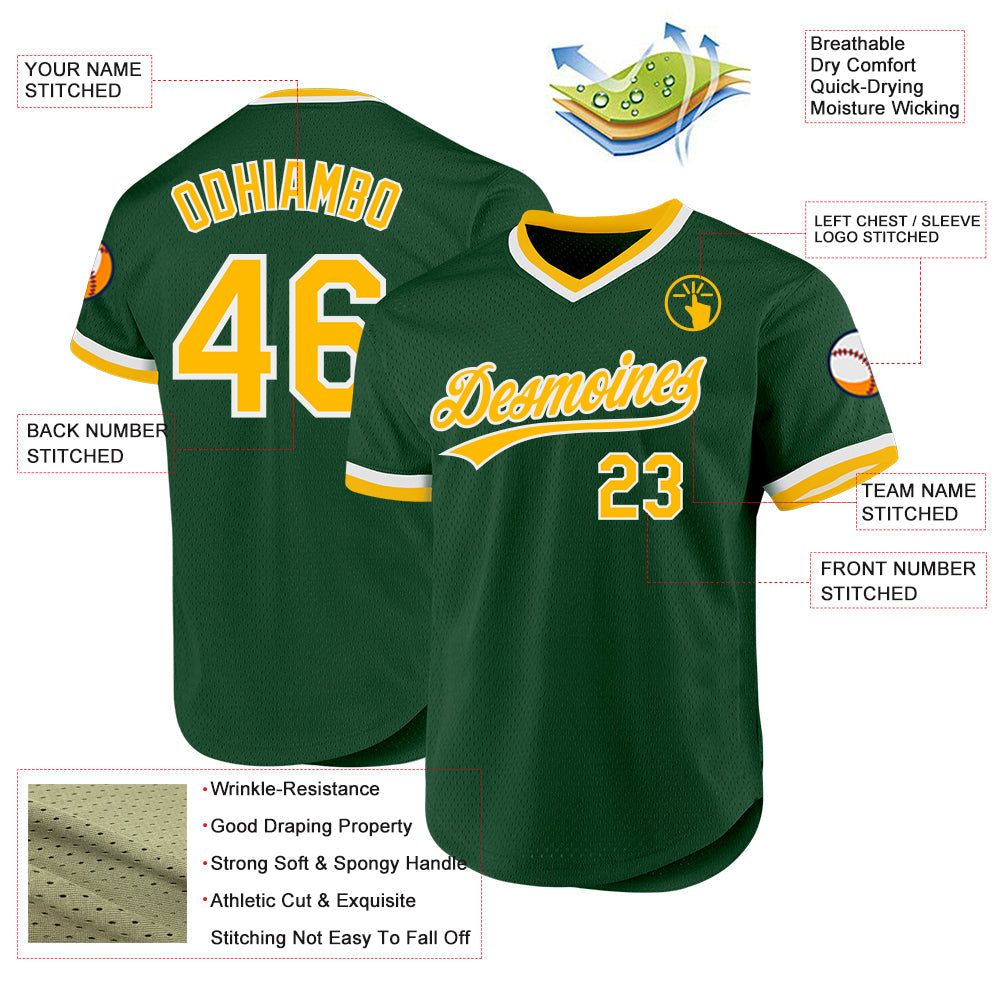 Custom Green Gold-White Authentic Throwback Baseball Jersey baseball jersey product view 3
