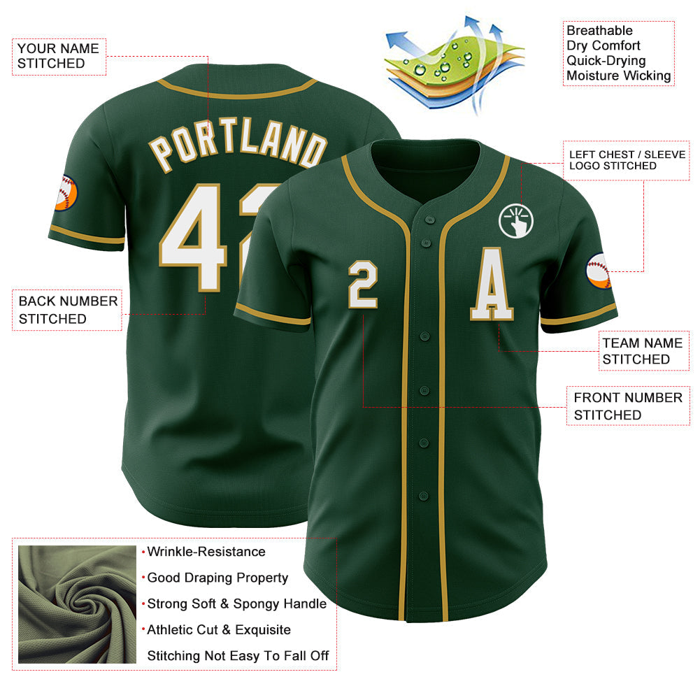 Custom Green White-Old Gold Authentic Baseball Jersey baseball jersey product view 2