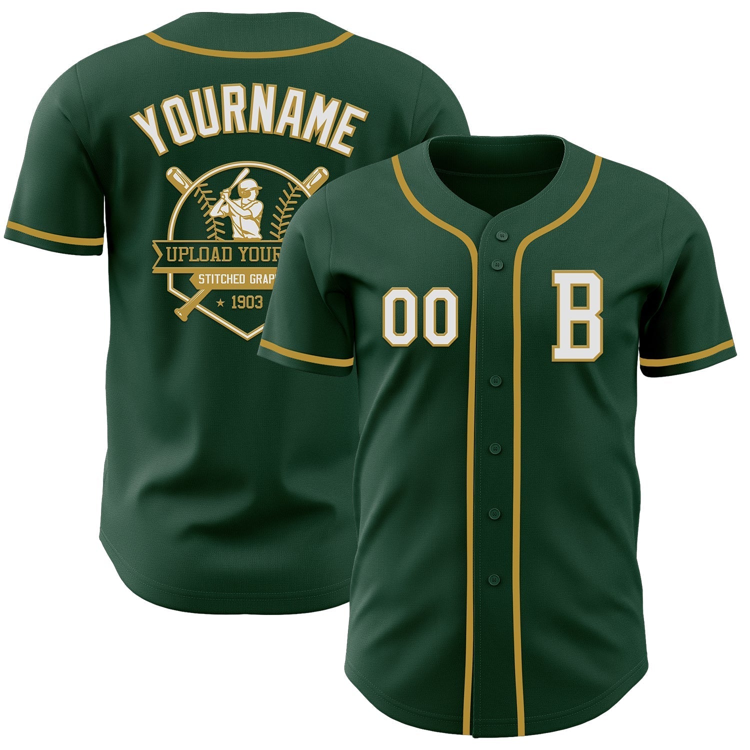 Custom Green White-Old Gold Authentic Baseball Jersey baseball jersey product view 5