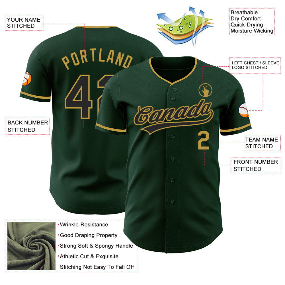 Custom Green Black-Old Gold Authentic Baseball Jersey baseball jersey product view 3