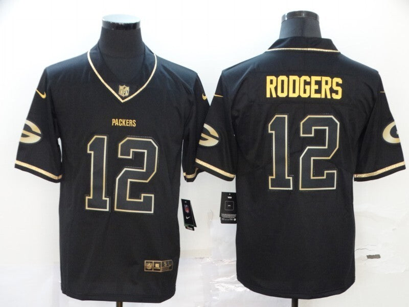 Green Bay Packers #12 Black Retro Gold 219 Football Jersey football jersey product view 1
