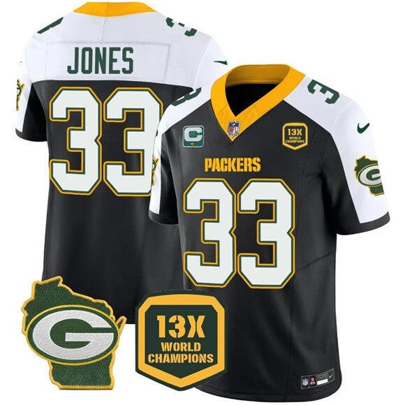 Green Bay Packers #33 Aaron Jones Black White 2023 F.U.S.E. Home With 1-Star C Football Jersey football jersey product view 1