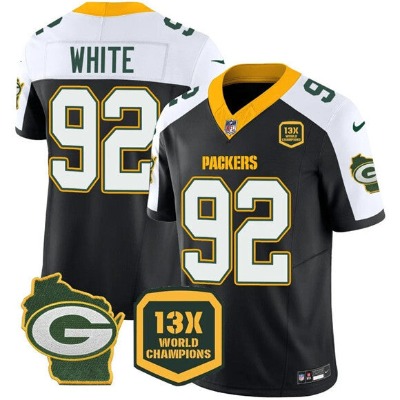 Green Bay Packers #92 Reggie white Black White 2023 F.U.S.E. Home Patch 13 Time Football Jersey football jersey product view 1