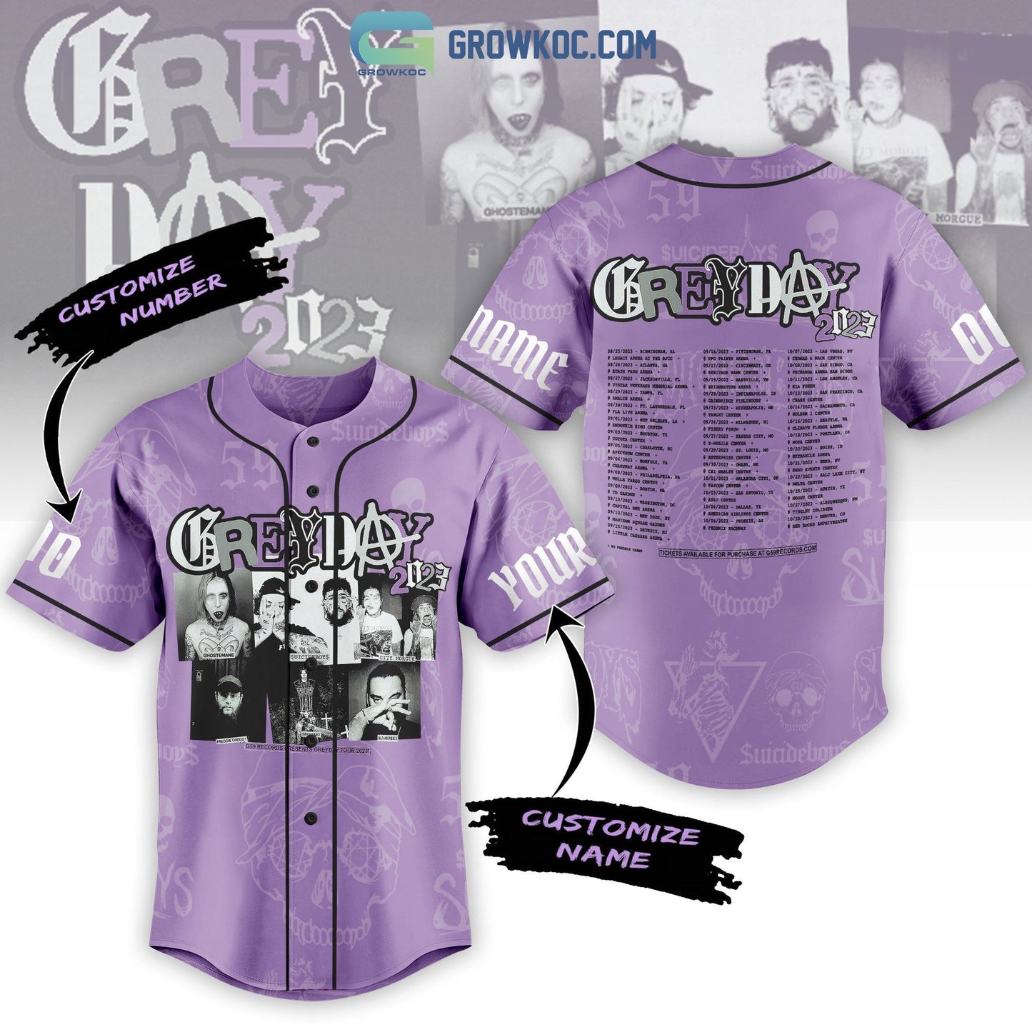 Grey Day Tour 2023 Purple Design Personalized Baseball Jersey baseball jersey product view 1