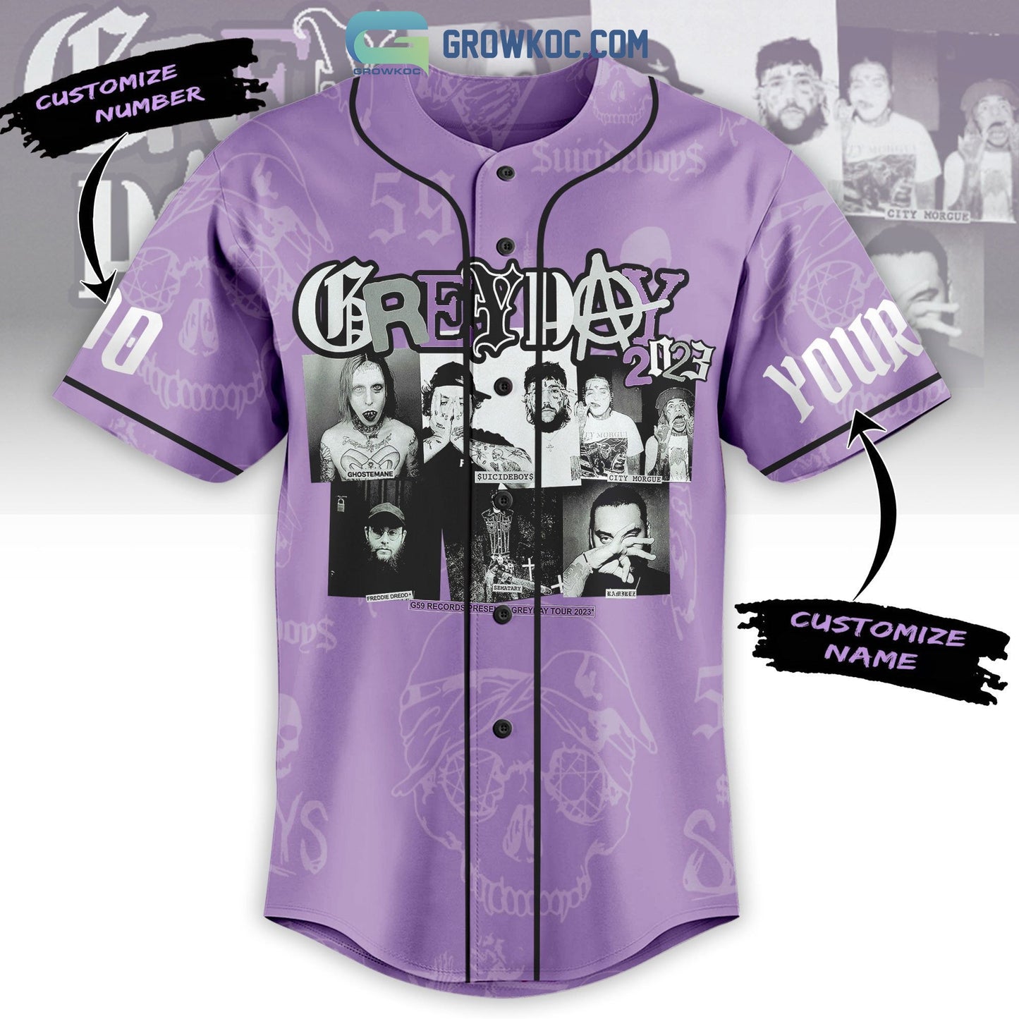 Grey Day Tour 2023 Purple Design Personalized Baseball Jersey baseball jersey product view 2