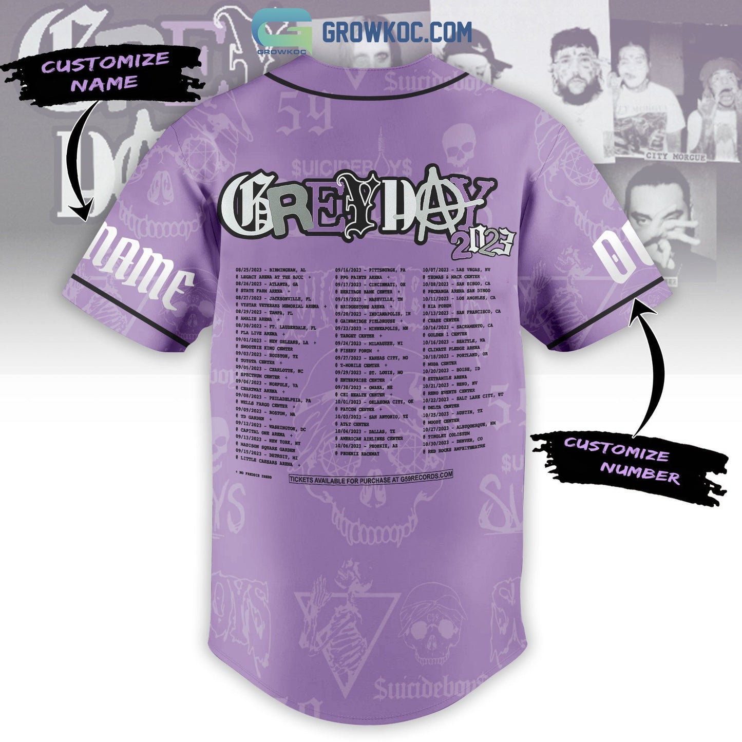 Grey Day Tour 2023 Purple Design Personalized Baseball Jersey baseball jersey product view 3