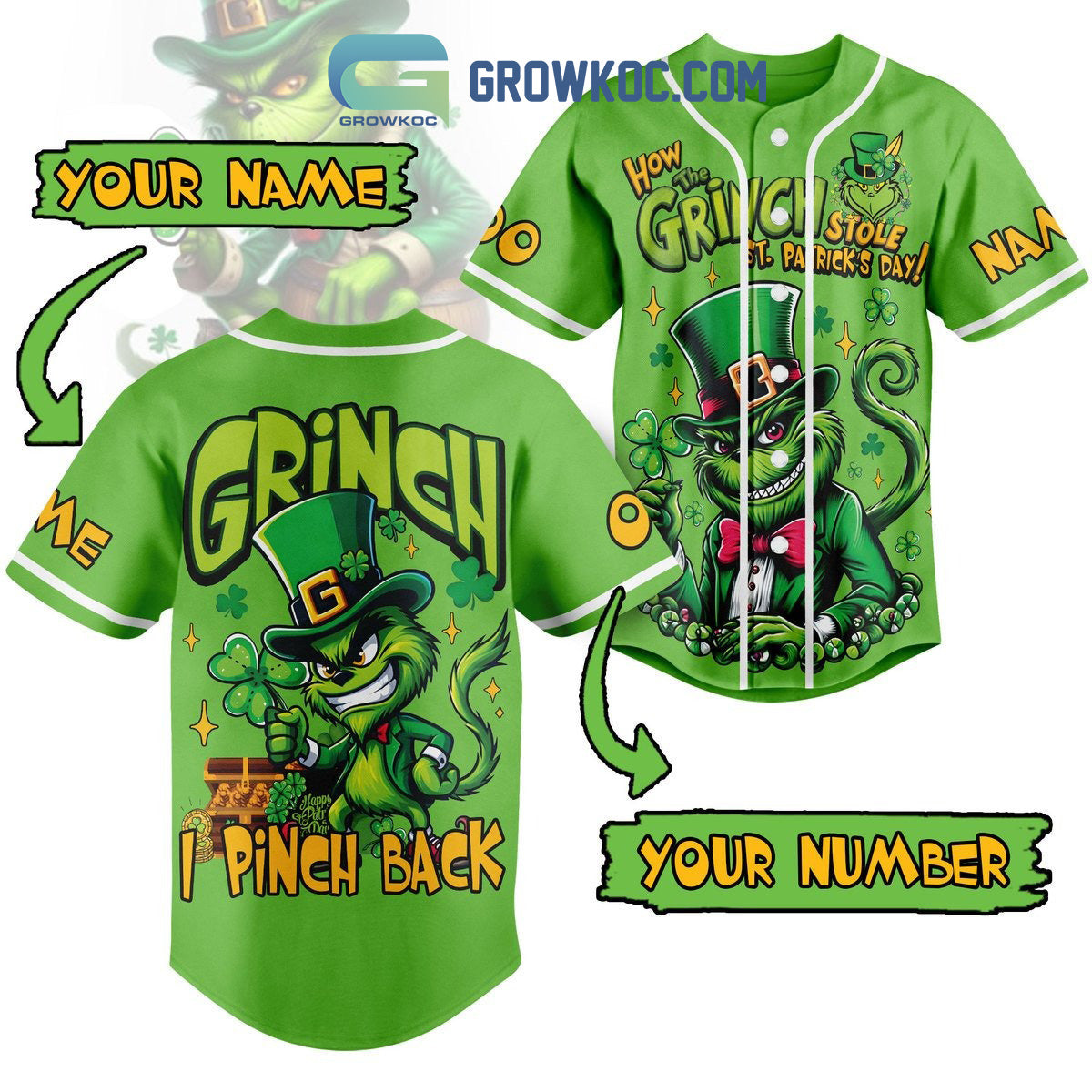 Grinch St. Patrick’s Day Fan Personalized Baseball Jersey baseball jersey product view 1