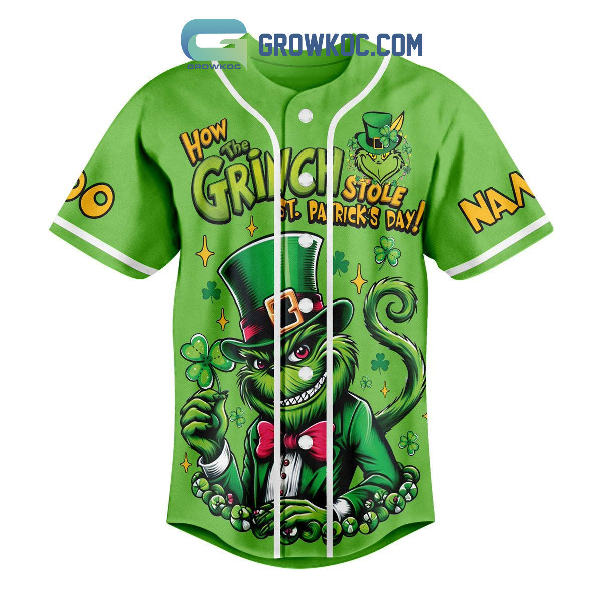 Grinch St. Patrick’s Day Fan Personalized Baseball Jersey baseball jersey product view 2
