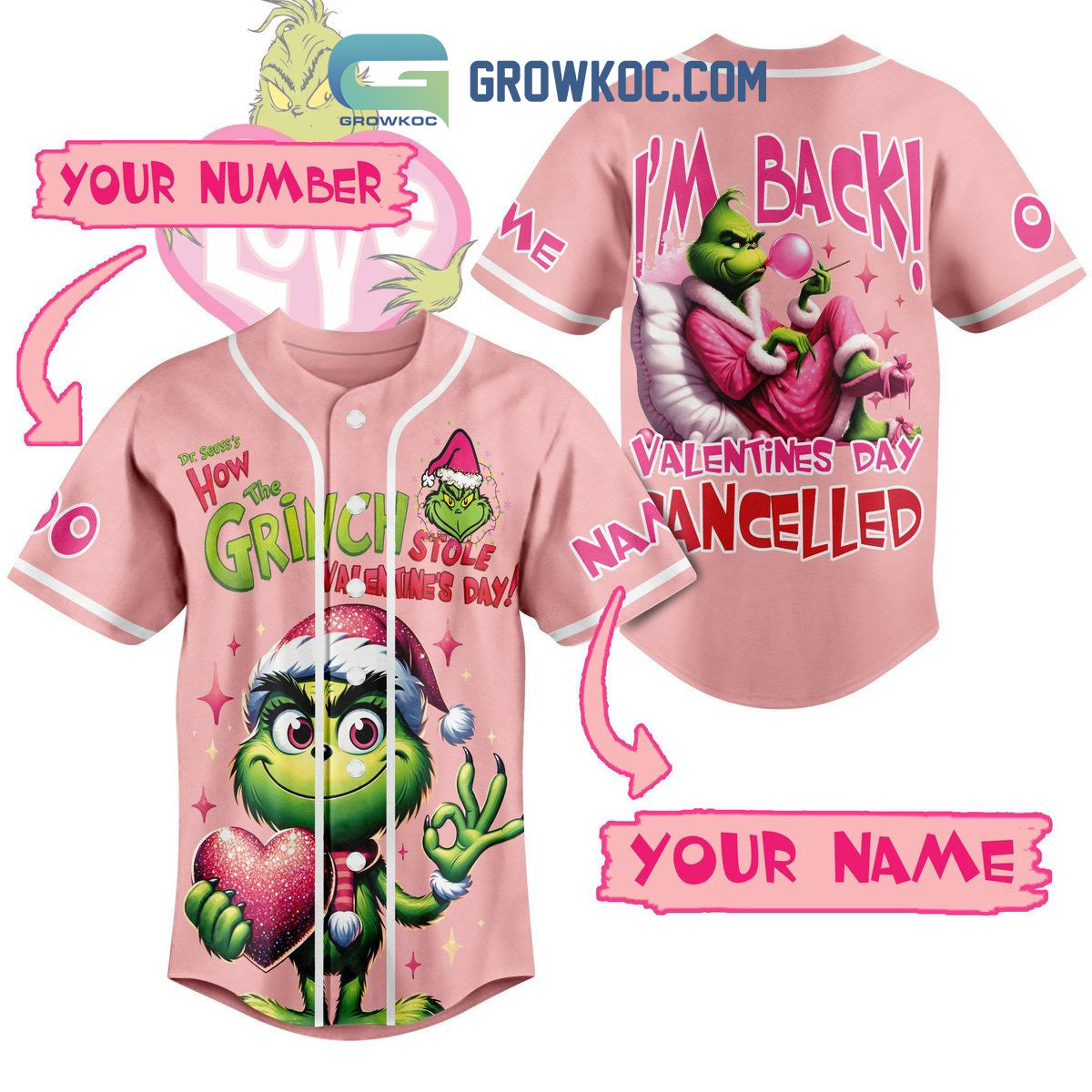 Grinch Steals Valentine’s Day Personalized Baseball Jersey baseball jersey product view 1