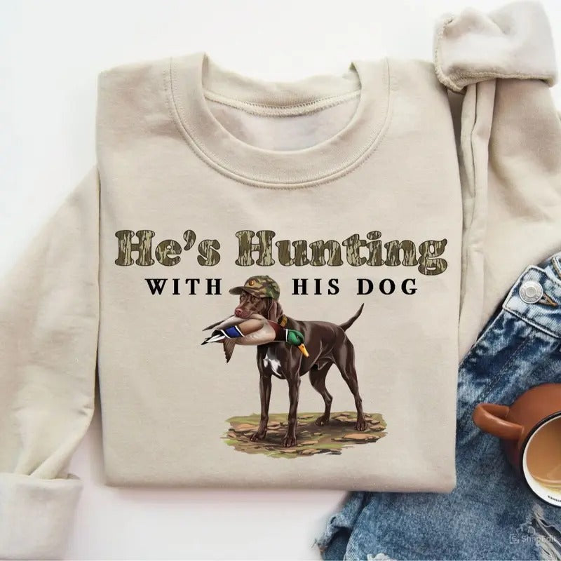He'S Hunting His Pointers Dog Camo Bottomland Duck - Adult & Kids T-Shirts, Sweatshirts & Hoodies apparel design preview 1