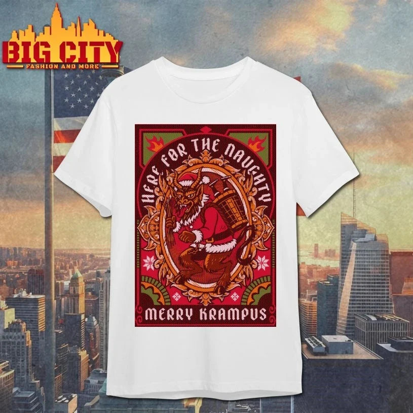 Here For The Naughty merry Krampus poster shirt Unisex T-shirt, Sweatshirt, Hoodie, Long Sleeve Tee - T-Shirt, Sweatshirt, Hoodie