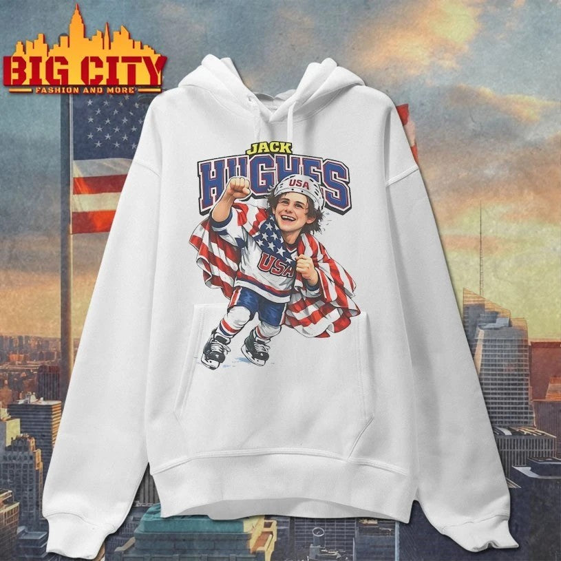Hockey Jack Hughes Caricature chibi - Adult & Kids T-Shirts, Sweatshirts & Hoodies apparel design preview 2