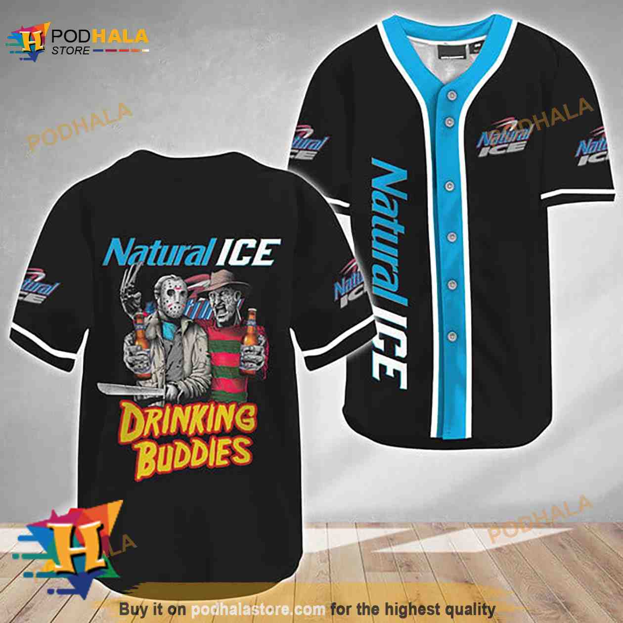 Horror Freddy Jason Drinking Buddies Natural Ice 3D Baseball Jersey baseball jersey product view 1