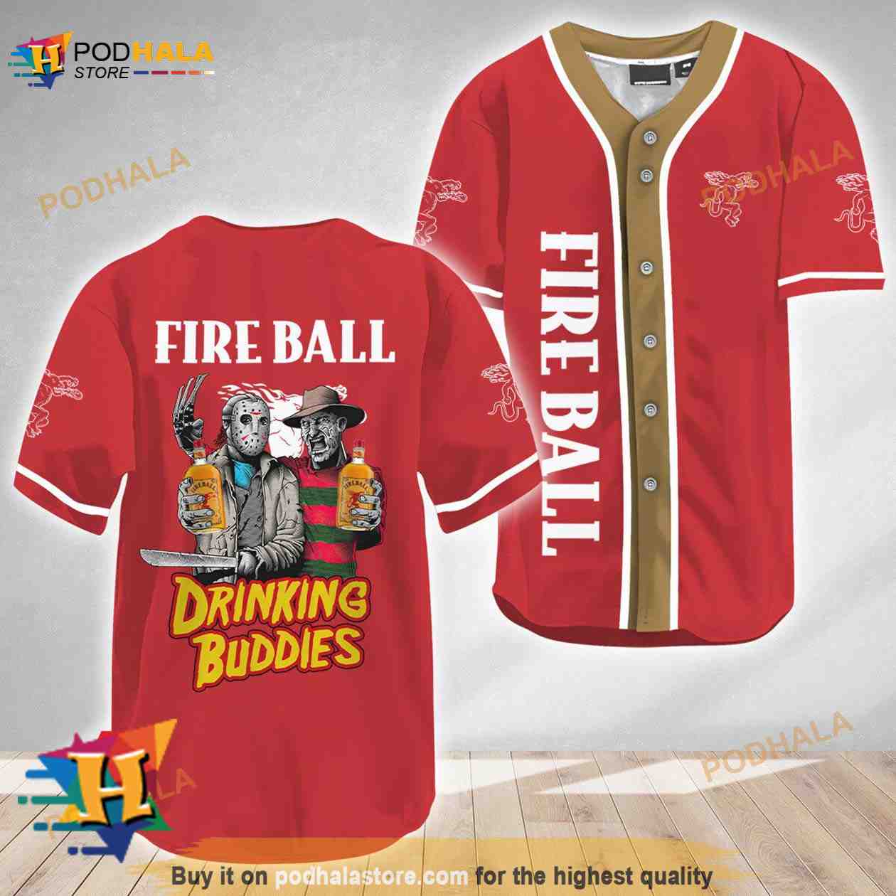 Horror Freddy and Jason Drinking Buddies Fireball 3D Baseball Jersey baseball jersey product view 1