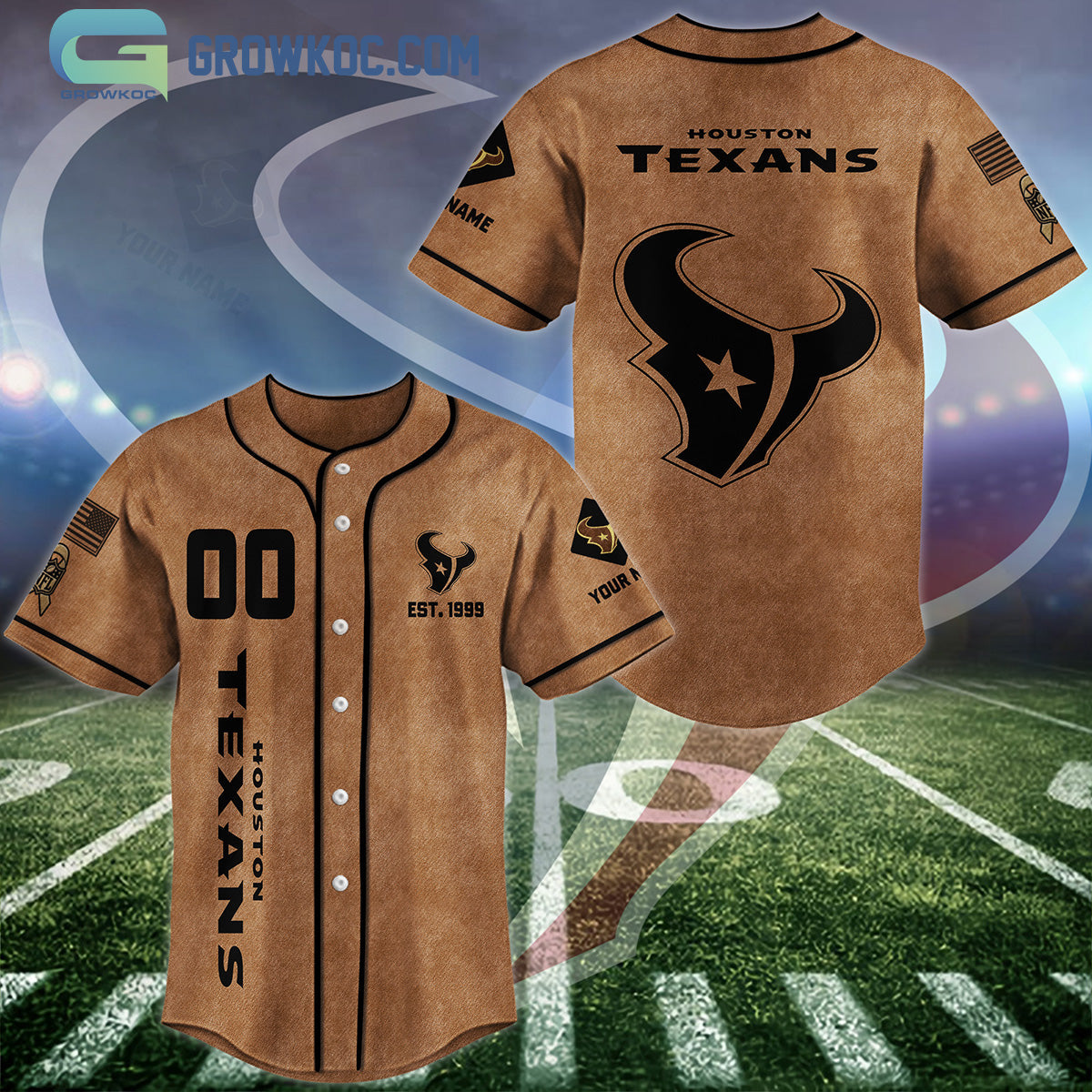 Houston Texans Brown American Flag Personalized Baseball Jersey baseball jersey product view 1