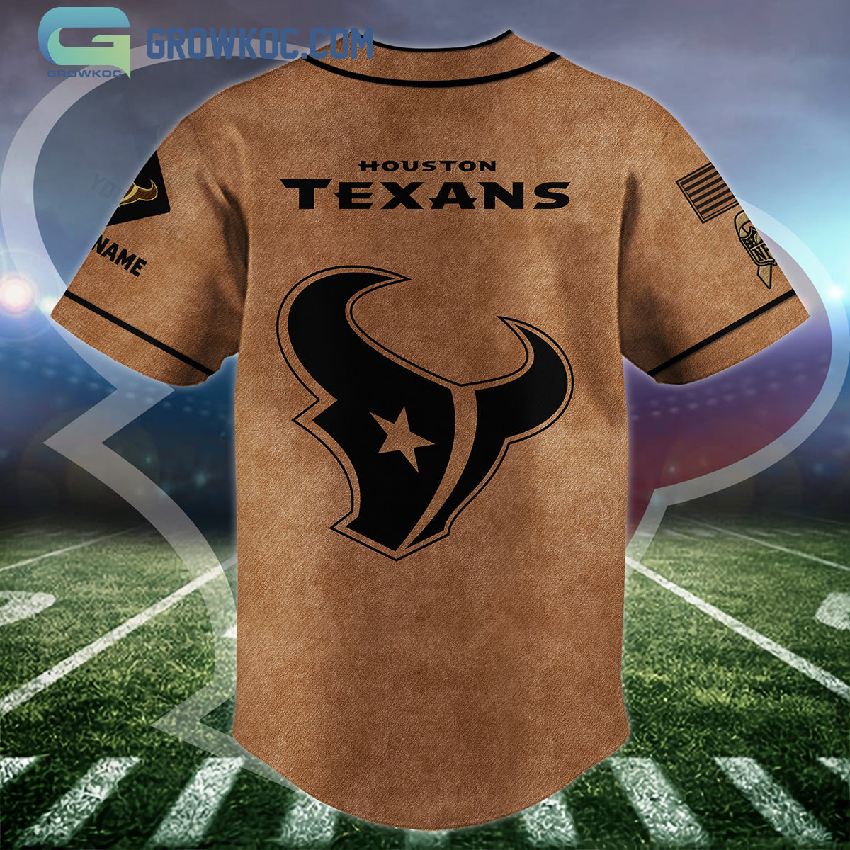 Houston Texans Brown American Flag Personalized Baseball Jersey baseball jersey product view 2
