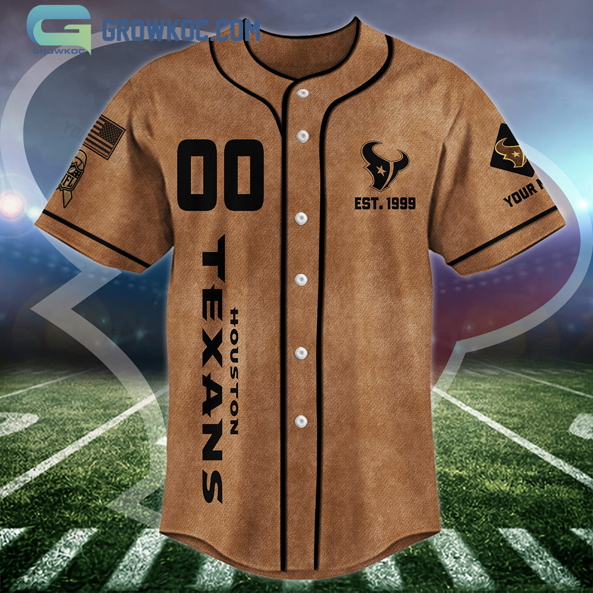Houston Texans Brown American Flag Personalized Baseball Jersey baseball jersey product view 3