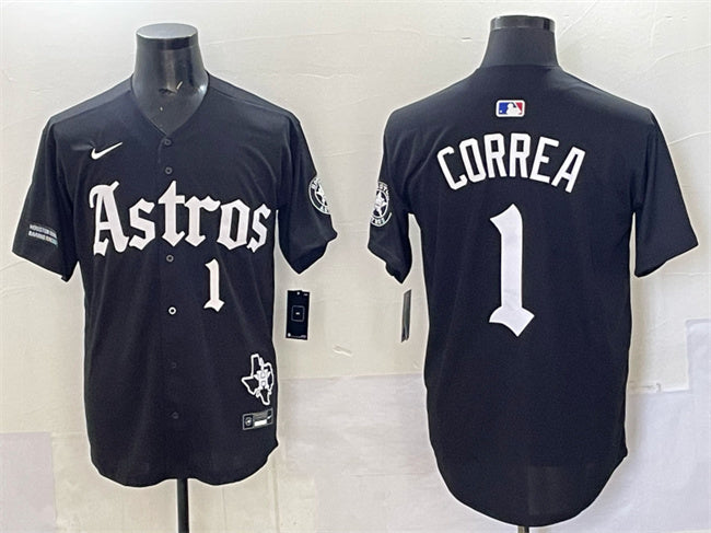 Houston Astros #1 Carlos Correa Black Gothic 'Houston Born Barrio Raised' Limited2 Baseball Jersey baseball jersey product view 1