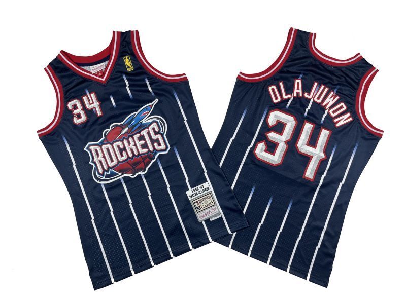 Houston Rockets #34 Hakeem Olajuwon Rockets 34 # Navy Rockets 96-97 Season Mitchell Retro Jersey Style 1 basketball jersey product view 1