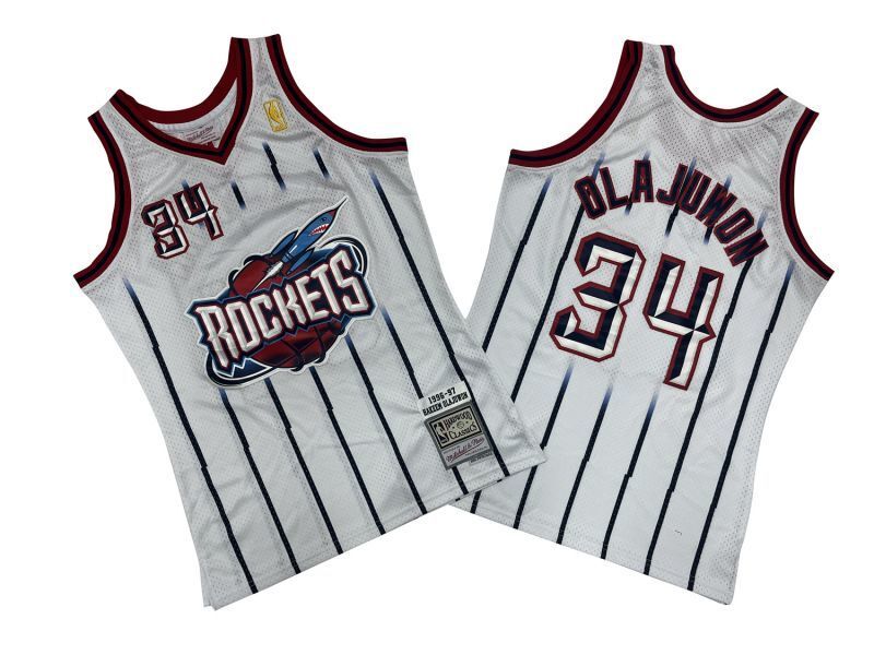 Houston Rockets #34 Hakeem Olajuwon Rockets 34 # White Rockets 96-97 Season Mitchell Retro Jersey Style 1 basketball jersey product view 1