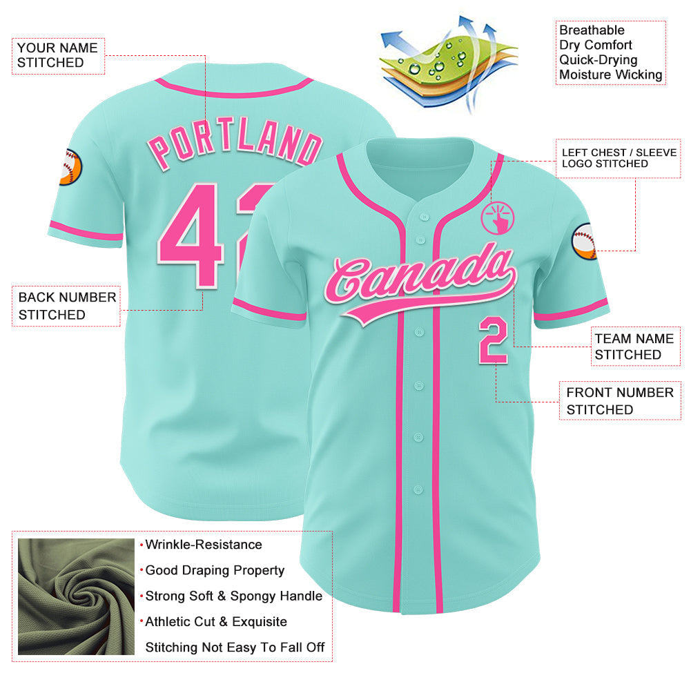 Custom Ice Blue Pink-White Authentic Baseball Jersey baseball jersey product view 3