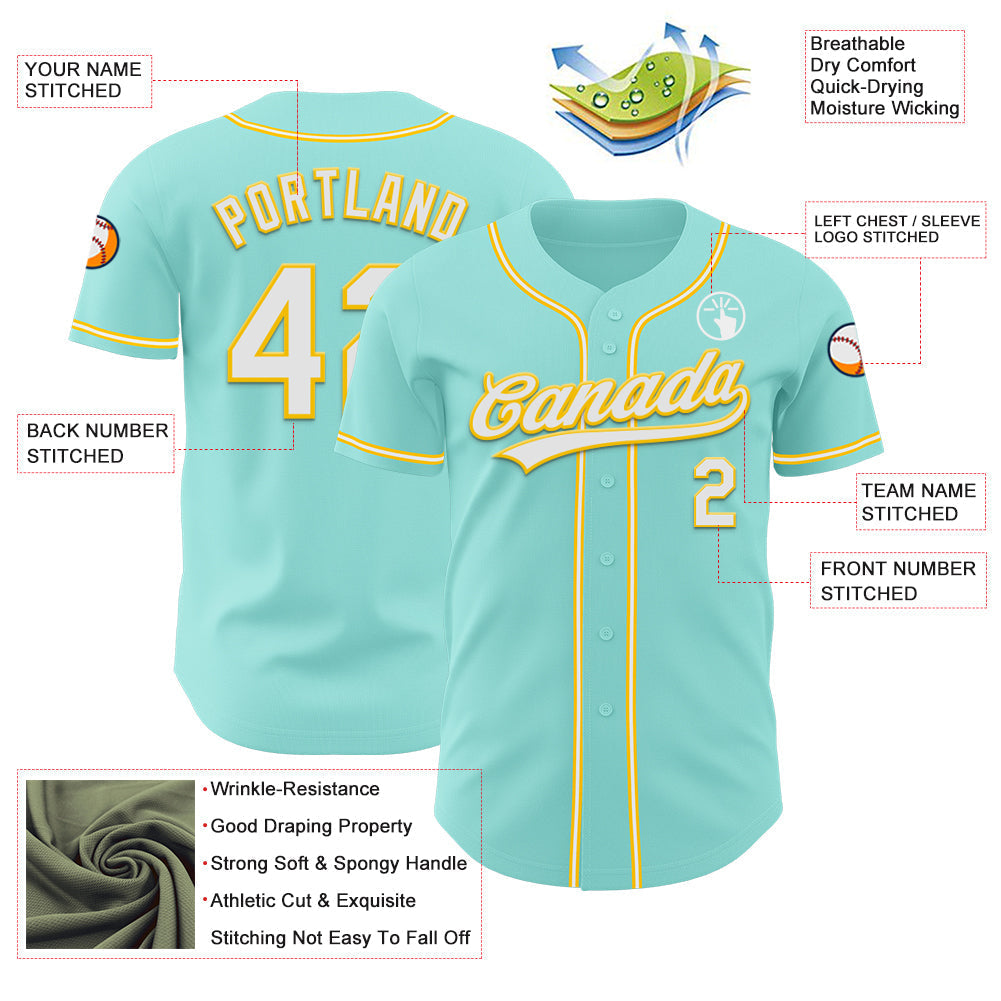 Custom Ice Blue White-Yellow Authentic Baseball Jersey baseball jersey product view 3